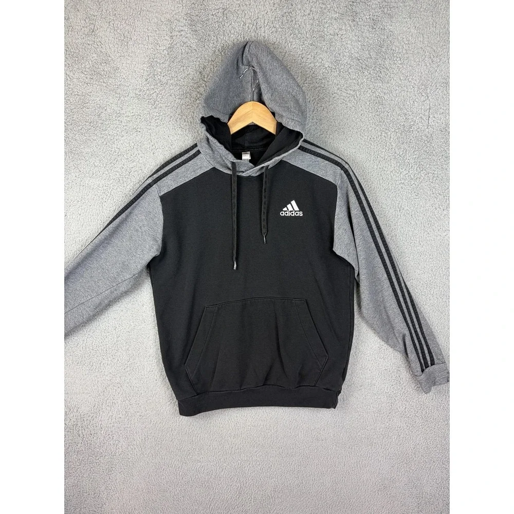 Adidas Hoodie Mens Small Black Gray 3-Stripes Pullover Kangaroo Pocket Mens